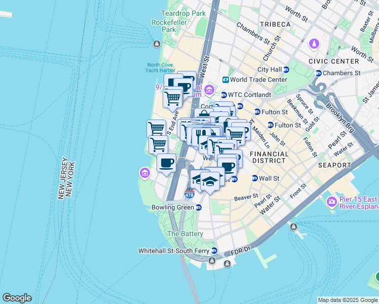 map of restaurants, bars, coffee shops, grocery stores, and more near 13-21 Rector Street in New York