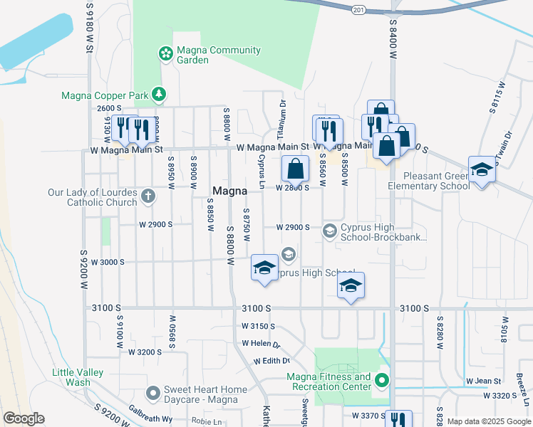 map of restaurants, bars, coffee shops, grocery stores, and more near 2867 Cyprus Lane in Magna
