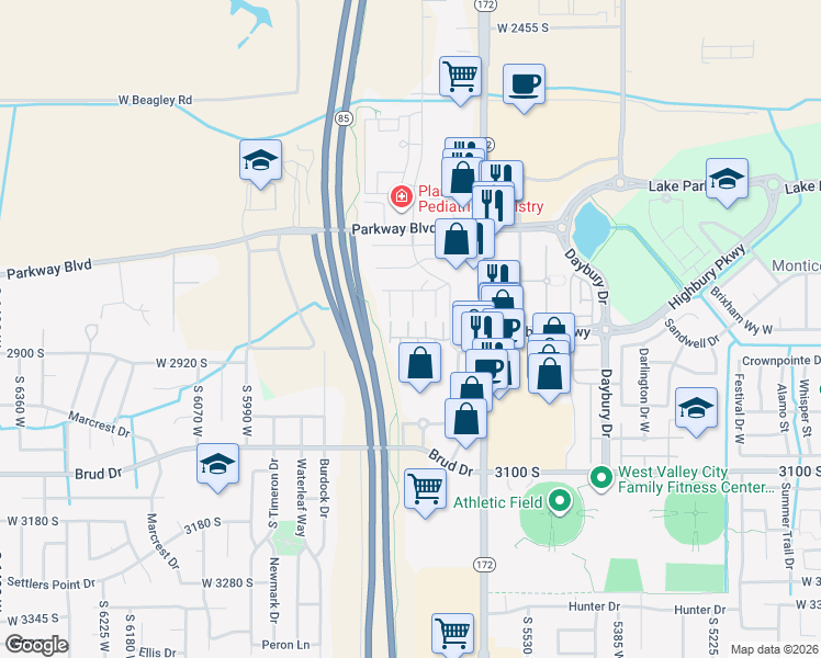 map of restaurants, bars, coffee shops, grocery stores, and more near 2865 Kinsey Court in West Valley City