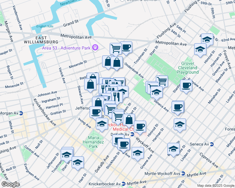 map of restaurants, bars, coffee shops, grocery stores, and more near in Queens