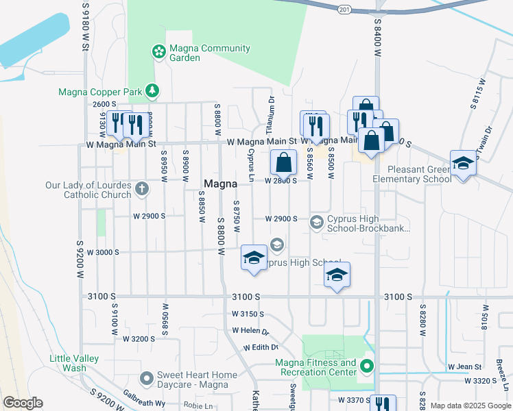map of restaurants, bars, coffee shops, grocery stores, and more near 2867 Cyprus Lane in Magna