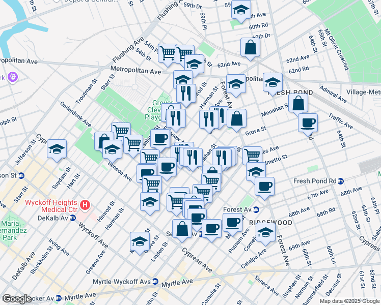 map of restaurants, bars, coffee shops, grocery stores, and more near 20-13 Bleecker Street in Queens