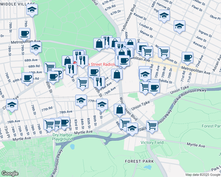 map of restaurants, bars, coffee shops, grocery stores, and more near 88-41 75th Avenue in Queens