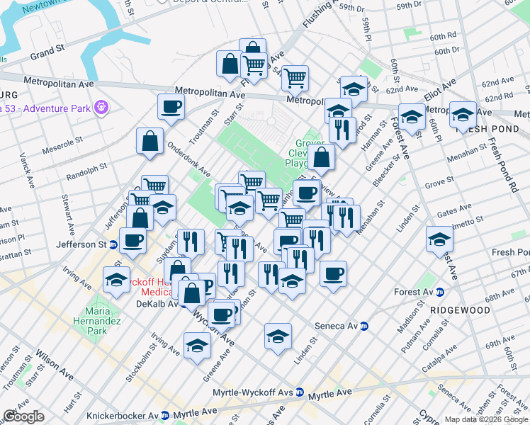 map of restaurants, bars, coffee shops, grocery stores, and more near 18-63 Stockholm Street in Queens