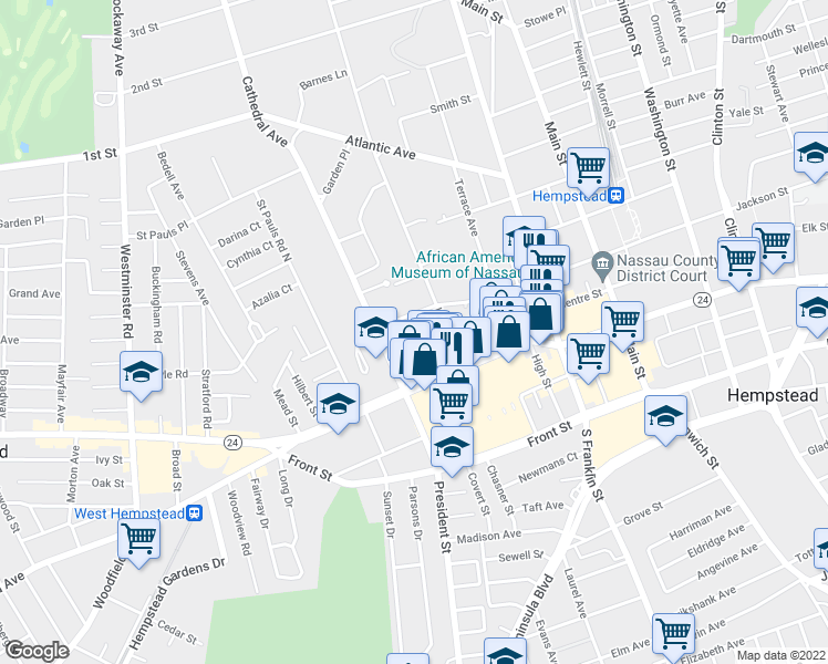 map of restaurants, bars, coffee shops, grocery stores, and more near 45 Hilton Avenue in Hempstead