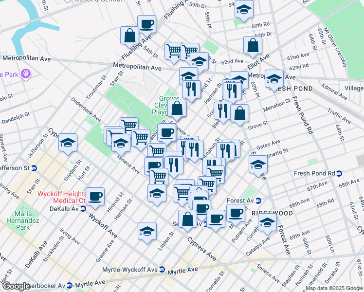 map of restaurants, bars, coffee shops, grocery stores, and more near 19-31 Greene Avenue in Queens