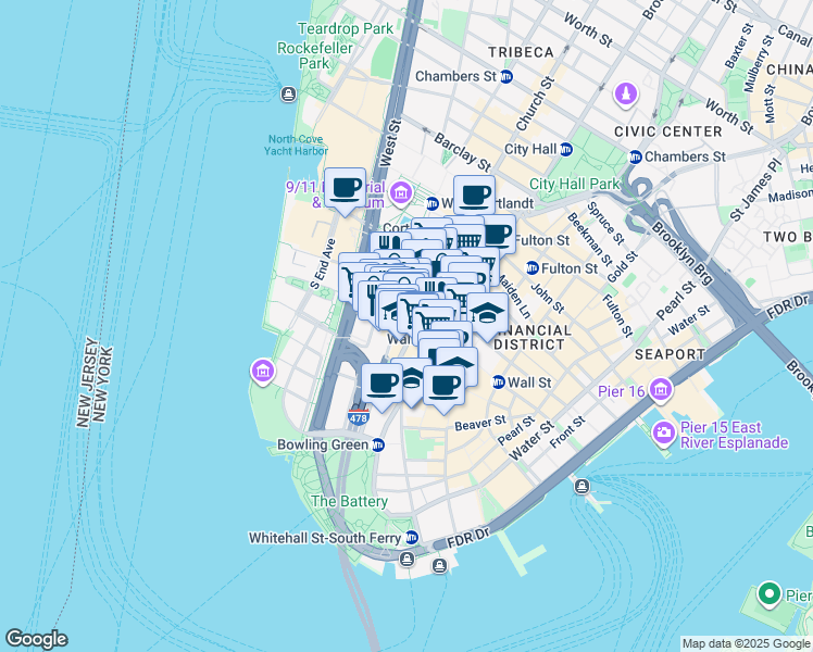 map of restaurants, bars, coffee shops, grocery stores, and more near 2 Rector Street in New York