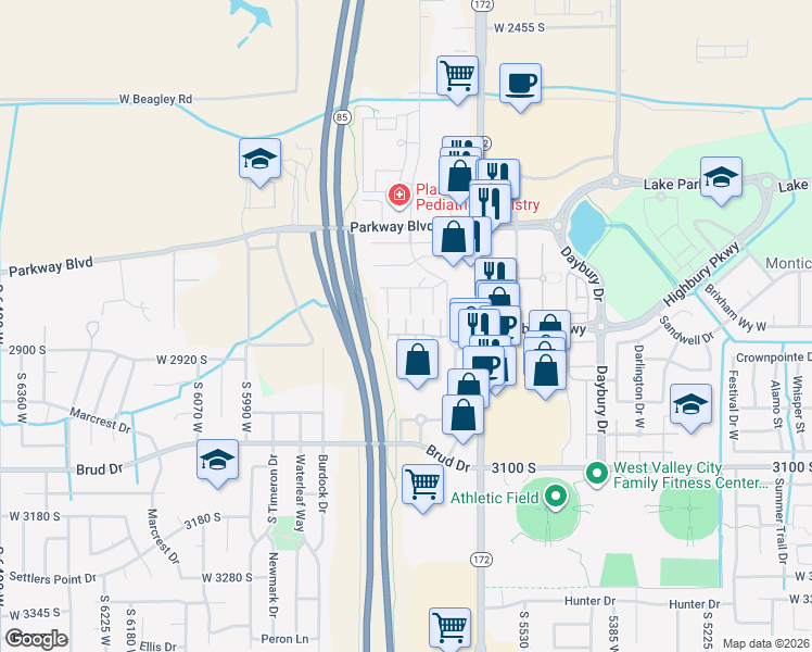 map of restaurants, bars, coffee shops, grocery stores, and more near 2865 Kinsey Court in West Valley City