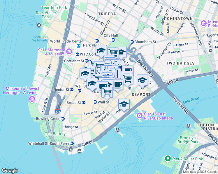 map of restaurants, bars, coffee shops, grocery stores, and more near 66 John Street in New York