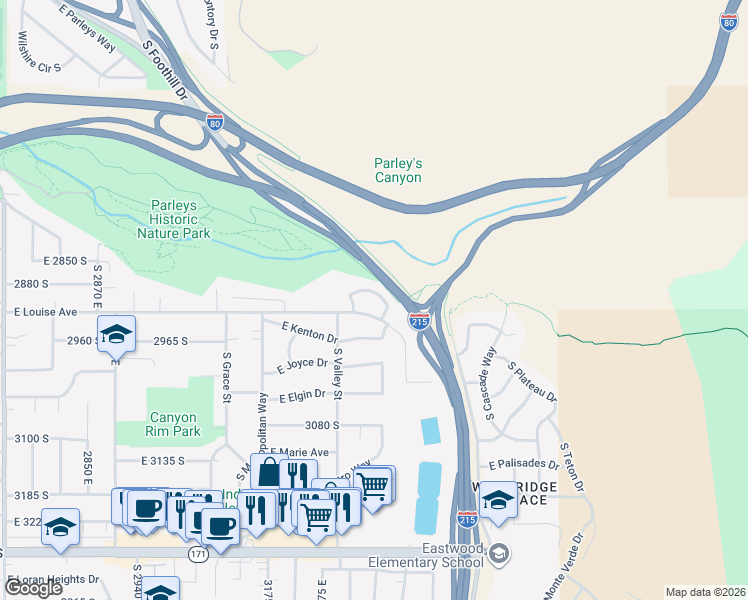 map of restaurants, bars, coffee shops, grocery stores, and more near 3370 East Larchmont Drive in Salt Lake City