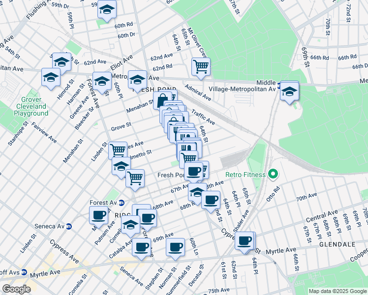 map of restaurants, bars, coffee shops, grocery stores, and more near 66-21 Fresh Pond Road in Queens