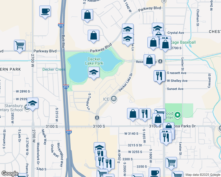 map of restaurants, bars, coffee shops, grocery stores, and more near 2882 Decker Lake Drive in West Valley City