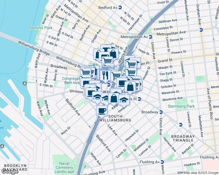 map of restaurants, bars, coffee shops, grocery stores, and more near 312 Broadway in Brooklyn