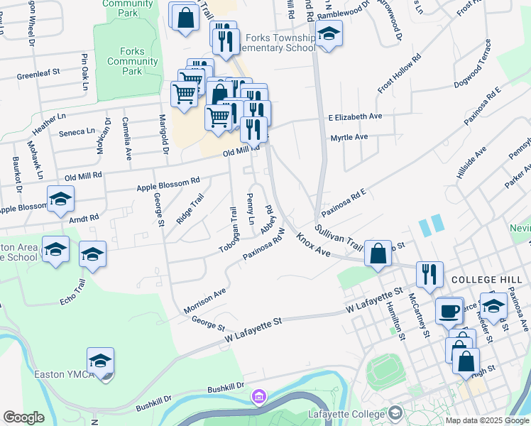 map of restaurants, bars, coffee shops, grocery stores, and more near 22 Abbey Road in Easton