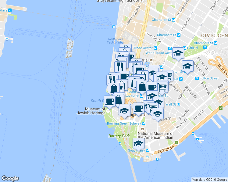 map of restaurants, bars, coffee shops, grocery stores, and more near 75 South End Ave in New York