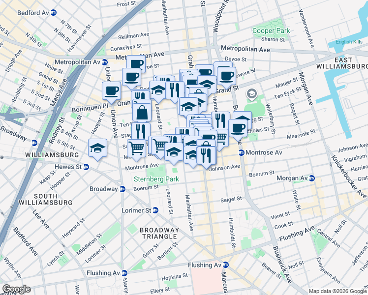 map of restaurants, bars, coffee shops, grocery stores, and more near 128 Meserole Street in Brooklyn