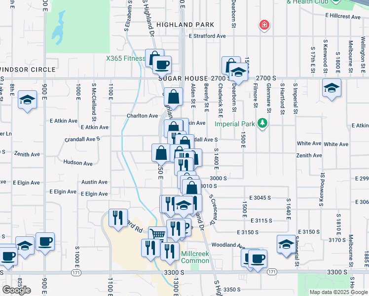 map of restaurants, bars, coffee shops, grocery stores, and more near 2885 Highland Drive in Salt Lake City