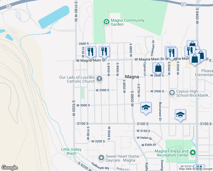 map of restaurants, bars, coffee shops, grocery stores, and more near 2852 South 8950 West in Magna