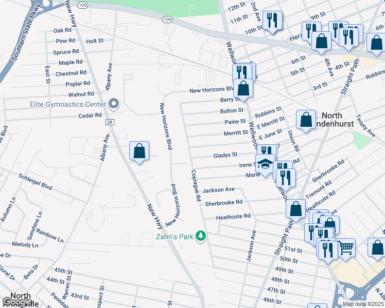 map of restaurants, bars, coffee shops, grocery stores, and more near 108 June Street in Lindenhurst