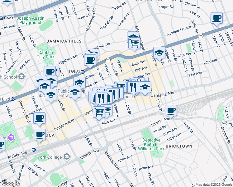map of restaurants, bars, coffee shops, grocery stores, and more near 90-16 171st Street in Queens