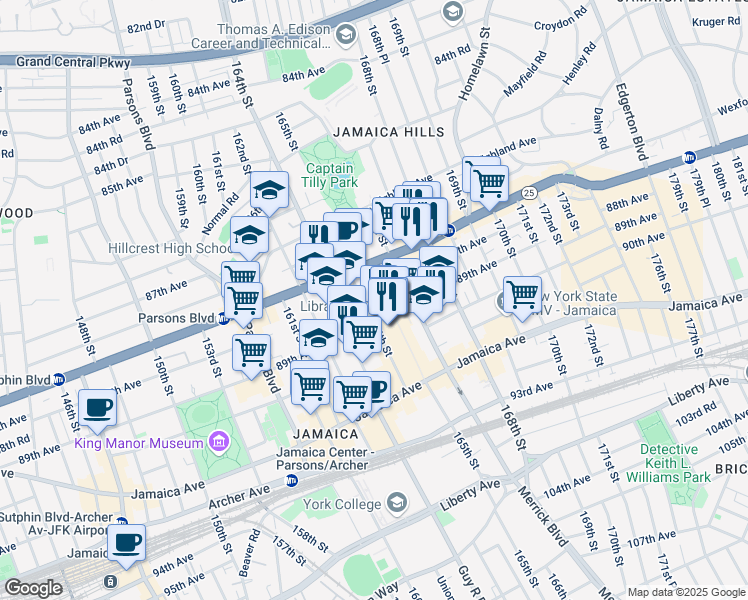 map of restaurants, bars, coffee shops, grocery stores, and more near 87-84 165th Street in Queens