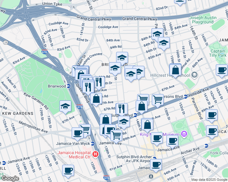 map of restaurants, bars, coffee shops, grocery stores, and more near 85-64 143rd Street in Queens
