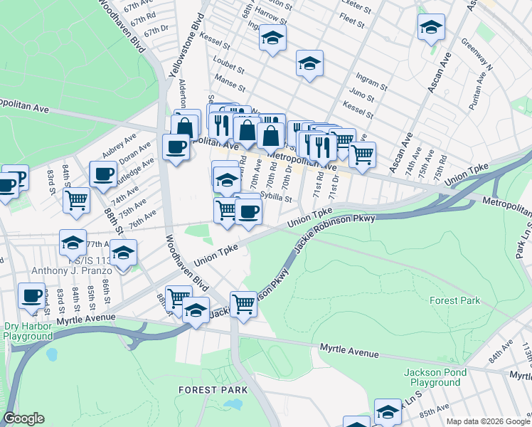 map of restaurants, bars, coffee shops, grocery stores, and more near 70-02 Sybilla Street in Queens