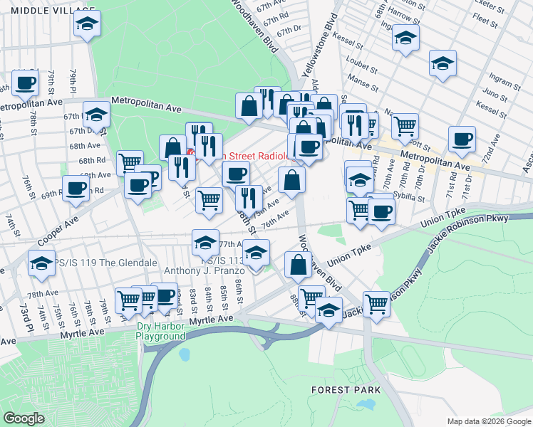 map of restaurants, bars, coffee shops, grocery stores, and more near 88-41 75th Avenue in Queens