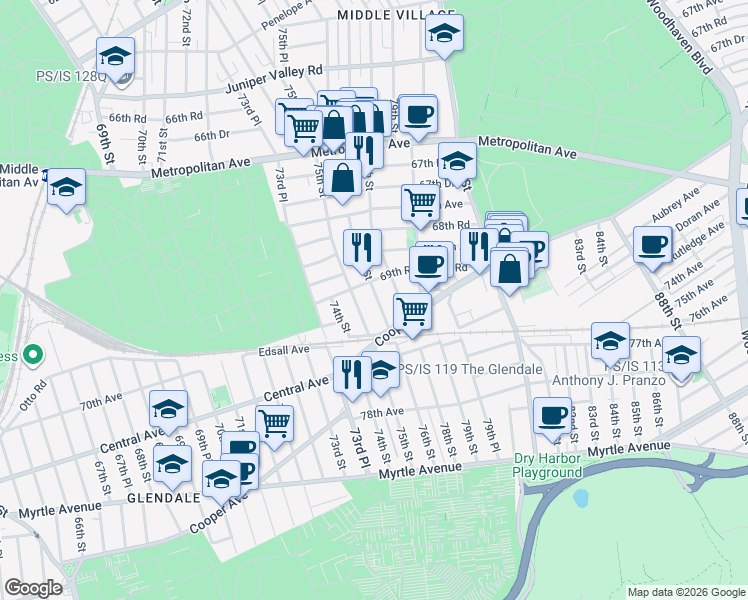 map of restaurants, bars, coffee shops, grocery stores, and more near 76-04 69th Road in Queens