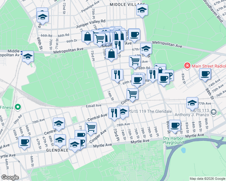 map of restaurants, bars, coffee shops, grocery stores, and more near 69-40 75th Street in Queens