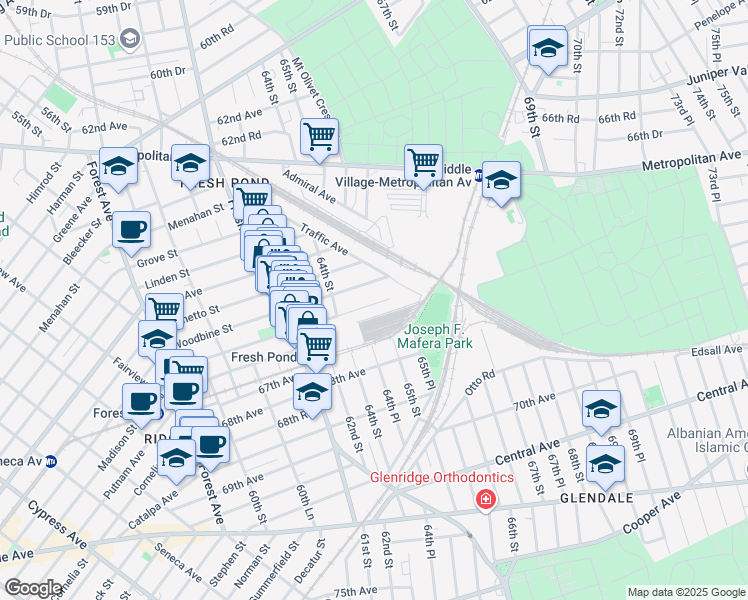 map of restaurants, bars, coffee shops, grocery stores, and more near 64-32 Woodbine Street in Queens