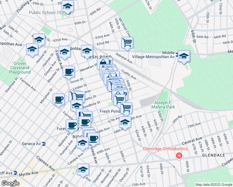 map of restaurants, bars, coffee shops, grocery stores, and more near 66-21 Fresh Pond Road in Queens