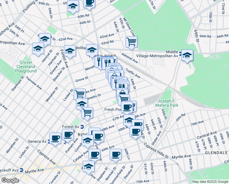 map of restaurants, bars, coffee shops, grocery stores, and more near 60-61 Palmetto Street in Queens