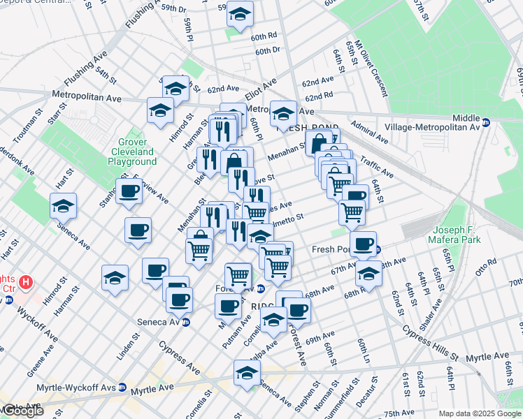 map of restaurants, bars, coffee shops, grocery stores, and more near in Queens