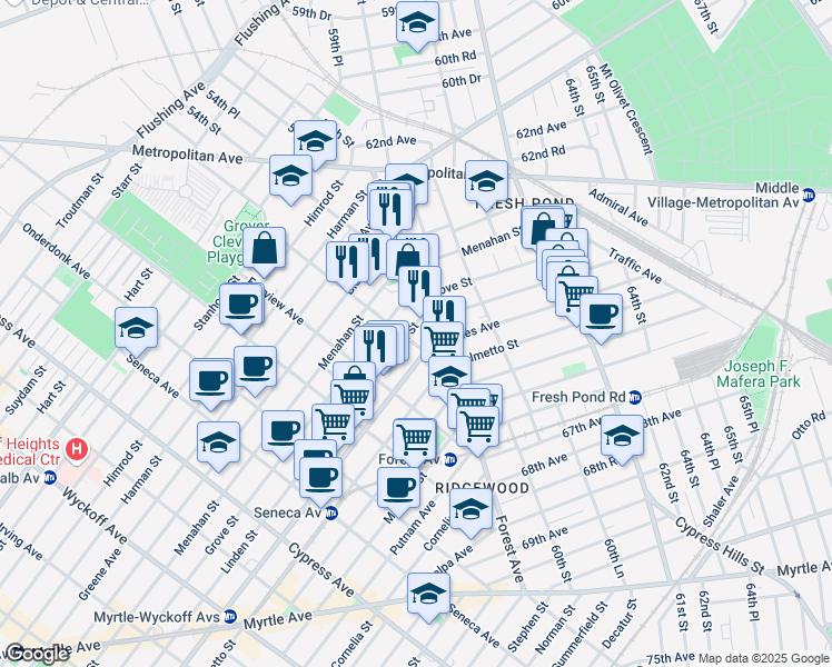 map of restaurants, bars, coffee shops, grocery stores, and more near 21-12 Grove Street in Queens