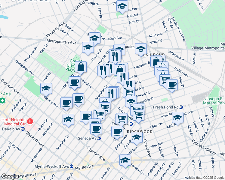 map of restaurants, bars, coffee shops, grocery stores, and more near 21-12 Grove Street in Queens