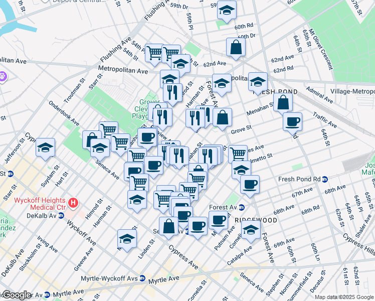map of restaurants, bars, coffee shops, grocery stores, and more near 20-13 Bleecker Street in Queens