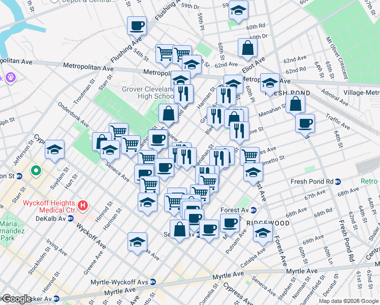 map of restaurants, bars, coffee shops, grocery stores, and more near 20-13 Bleecker Street in Queens