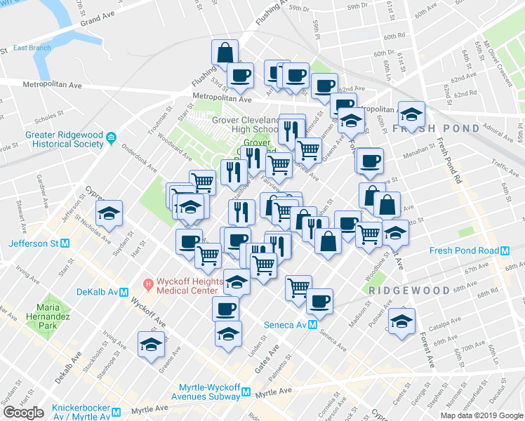 map of restaurants, bars, coffee shops, grocery stores, and more near 19-12 Himrod Street in Queens