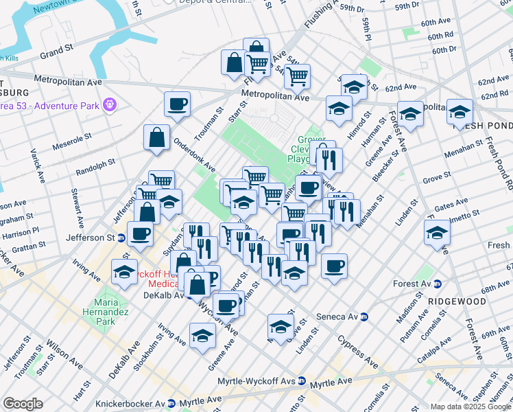 map of restaurants, bars, coffee shops, grocery stores, and more near 18-63 Stockholm Street in Queens