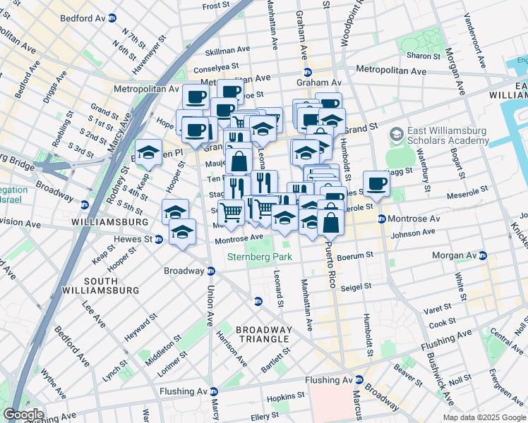 map of restaurants, bars, coffee shops, grocery stores, and more near 143 Leonard Street in Brooklyn
