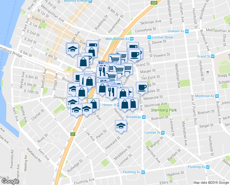 map of restaurants, bars, coffee shops, grocery stores, and more near 338 South 4th Street in Brooklyn