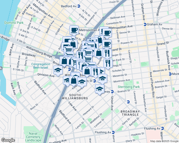 map of restaurants, bars, coffee shops, grocery stores, and more near 338 South 4th Street in Brooklyn