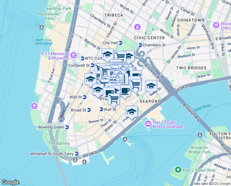 map of restaurants, bars, coffee shops, grocery stores, and more near 66 John Street in New York