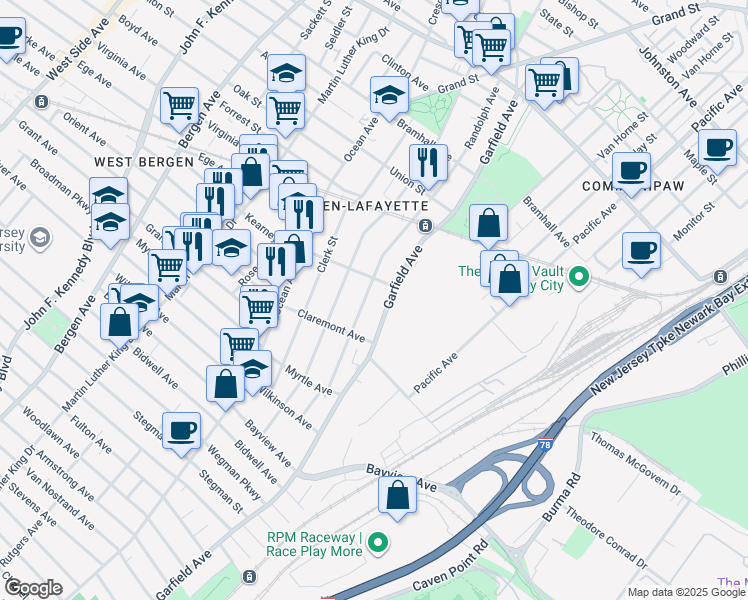 map of restaurants, bars, coffee shops, grocery stores, and more near 121 Carteret Avenue in Jersey City