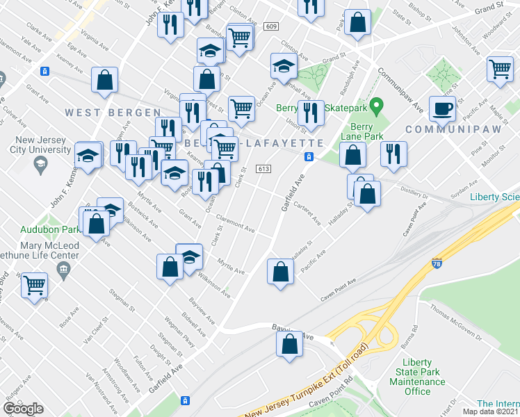 map of restaurants, bars, coffee shops, grocery stores, and more near 190 Arlington Avenue in Jersey City