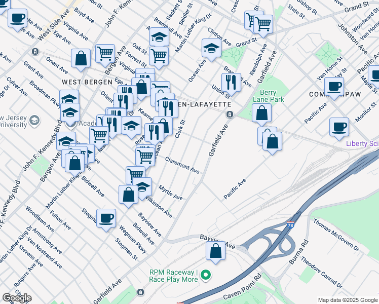 map of restaurants, bars, coffee shops, grocery stores, and more near 190 Arlington Avenue in Jersey City