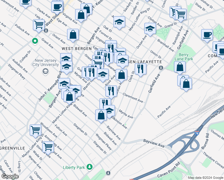 map of restaurants, bars, coffee shops, grocery stores, and more near 645 Ocean Avenue in Jersey City