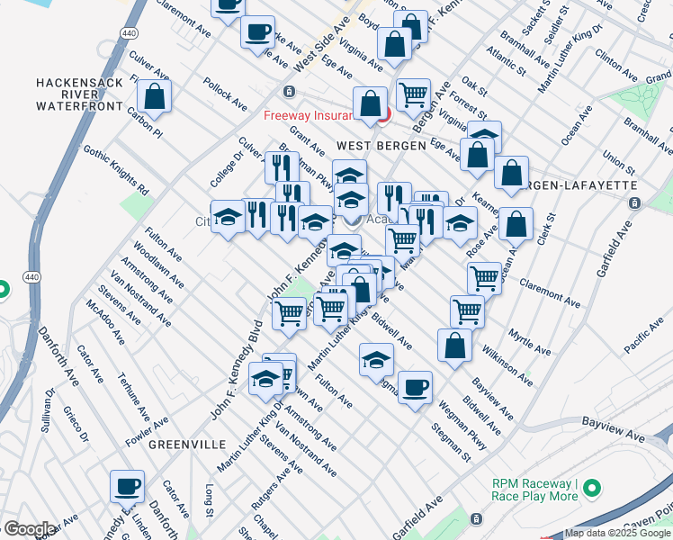 map of restaurants, bars, coffee shops, grocery stores, and more near 176 Bergen Avenue in Jersey City