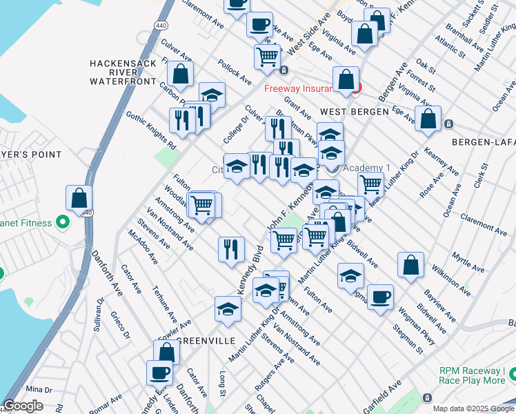 map of restaurants, bars, coffee shops, grocery stores, and more near 317 Stegman Parkway in Jersey City